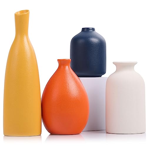 Bunte Keramikvasen, 4 Stück, moderne gelbe, orangefarbene, blaue kleine Vasen für Heimdekoration – ideal für Wohnzimmer, Küche, Büro, Bad, Kaminsims, Eingang, Bauernhaus und Couchtischdekorationen von QIANLING