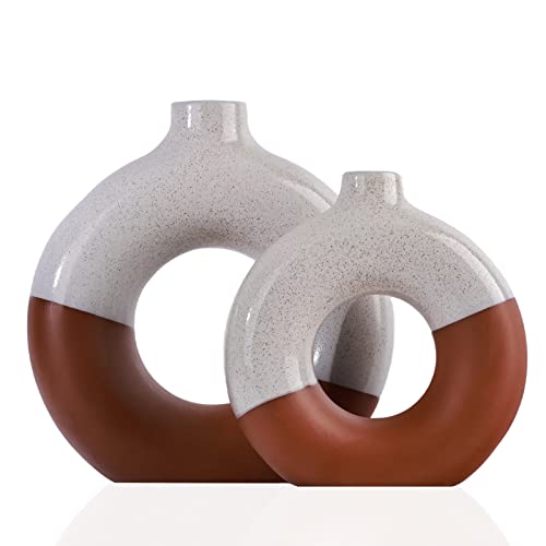 Donut Vase Set für 2, Terrakotta Dekor Kreis Pampasgras Vase, minimalistische Terrakotta Donut Akzente Kreis Vase mit Loch Set, geeignet für moderne nordische minimalistische Dekoration, Tafelaufsätze von QIANLING