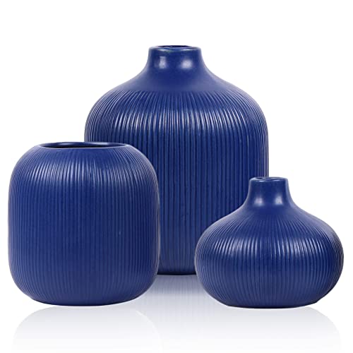 Dunkelblaue Keramikvase 3er Set, kleine gerippte marineblaue Vase Set für rustikale Wohnkultur, minimalistische Dekoration blaue Keramik kleine Vase, Kaminsims, dekorative Blumenvasen (Blaues Set) von QIANLING