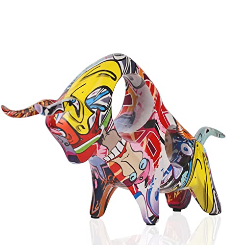 Graffiti-Bullen-Statue aus Kunstharz, Vollfarbige Stierfigur, Originalität, abstrakte Stier-Skulptur, Heimdekoration, geeignet für Innendekoration, Bücherregal, Tischplatte, Tafelaufsatz (Graffiti B) von QIANLING