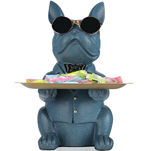 Harz blau französische Bulldogge Tablett Statue, Mit Edelstahl Tablett, Candy Key Kleinteile-Sparschwein-Aufbewahrungstablett, Wohnzimmer, Schlafzimmer, Eingangsbereich, Herzstück von QIANLING