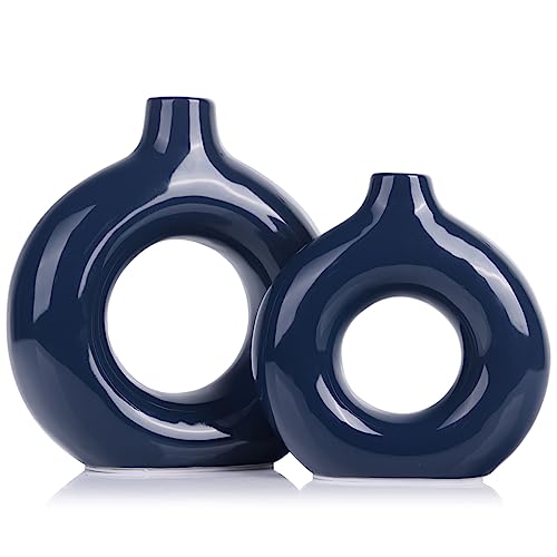 Hellblaue Keramikvase, 2er-Set, dekorative runde wasserdichte blaue Vasen für Tafelaufsätze, Bauernhaus und Heimdekoration – ideal für Wohnzimmer, Küche, Schlafzimmer, Esstisch und Bürodekoration von QIANLING