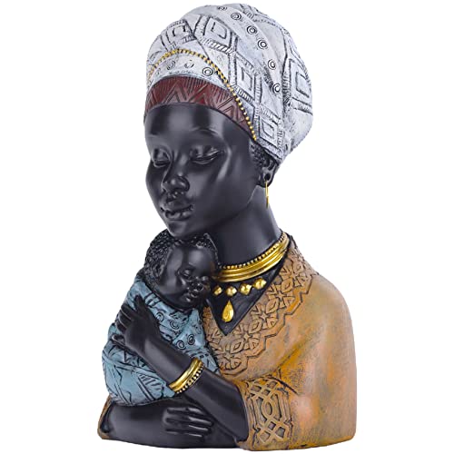 Home Decor Afrikanische Kunst Skulpturen, afrikanische Frau und Sohn Statue, Schwarze Statuen afrikanische Frau Büste Statue, geeignet für Wohnzimmer Desktop Zimmer Bücherregal Eingang Dekor von QIANLING