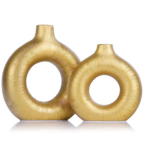 Gold Keramik Vase 2er Set - Modernes rundes Dekor Gold Keramik Vase, Rustikale Vintage Tischaufsteller für Wohnzimmer, Esszimmer, Küche, Boho, Bauernhaus, Blumendisplay, Hochzeit & Heimdekoration von QIANLING