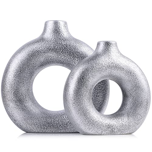 Keramik Hohl Silber Kreis Vase 2er Set - Minimalistisches Boho Pampasgras Wasserdicht Kreis Vase Set für Zuhause oder Wohnzimmer Dekor, Rustikale Bauernhaus Tisch Blumenvasen von QIANLING