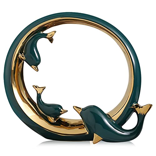 Keramikfigur Family of 3 Delfin - Grün Gold Keramik-Delfinfiguren – Küsten-Wohndekoration, Moderne Meeresaufsätze für Wohnzimmer, Essbereich, Büro, Couchtisch, Strandhaus, Nautik, Meer, Eingang von QIANLING