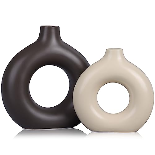 Keramikvase, 2er-Set, modern, beige, zweifarbig, rund, Donut-Keramik-Dekor, Blumenvase, rustikale Vintage-Tischdekoration für Wohnzimmer, Esszimmer, Küche, Boho, Bauernhaus, Hochzeit, Blumendekor von QIANLING