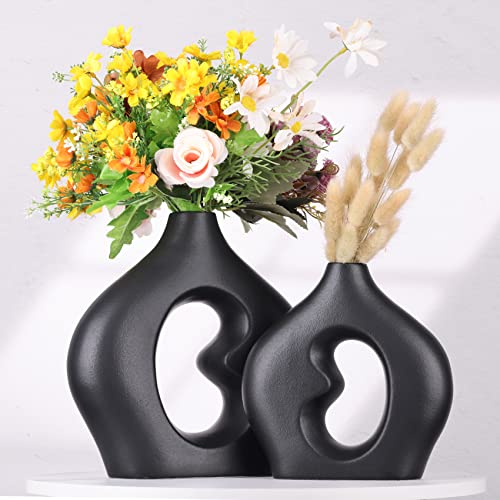 Keramikvasen-Set mit 2 Stück – Moderne runde Schwarze Vasen für Heimdekoration, minimalistische Pampasgras-Dekoration. Perfekt als Tafelaufsatz für Esstisch, Eingangsbereich oder Kaminsims von QIANLING