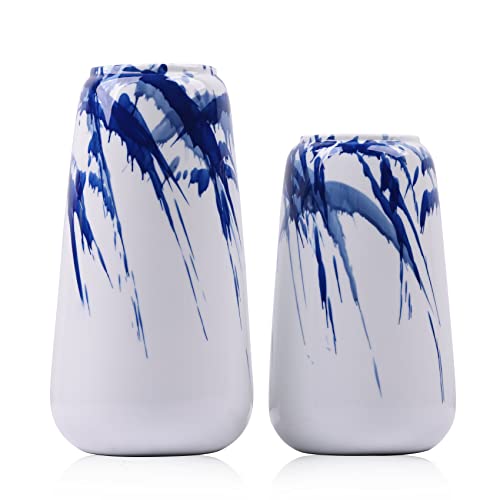 Keramische Blaue und weiße Vase Satz von 2, glasierte dekorative marineblaue Vasen für Dekor, ideal für Wohnzimmer, Schlafzimmer, Küche Tafelaufsätze, marineblaue Akzente für modernes Dekor von QIANLING