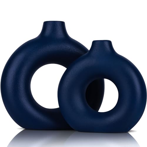 2-Teiliges Wasserdicht Blau Donut Vase, Blau Matt Keramik Vase Set für Pampasgras, Ikebana & Tulpen, Vintage & Boho Stil, Ideal für Wohnzimmer, Schlafzimmer, Büro-Aesthetic Blau Deko von QIANLING