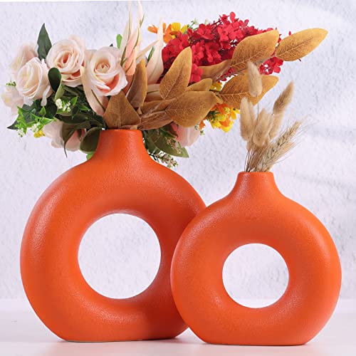 Orangefarbene Keramikvase, Set aus 2 - Runde Pampasgras-Blumenvasen für moderne Wohnkultur im Boho-Nordic-Minimalismus-Stil für Wohnzimmer, Küche, Esstisch und Büro - Dekorative Centerpieces-Geschenke von QIANLING