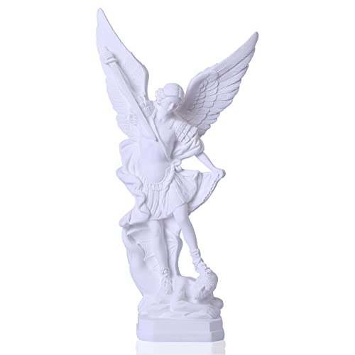 QIANLING 31,5 cm weiße San Miguel Arcangel Statue, St. Michael Statue in Harz Religion, St. Michael der Erzengel siegreich über Satan, Sammlungsfiguren, geeignet für Sammlung oder Dekoration von QIANLING