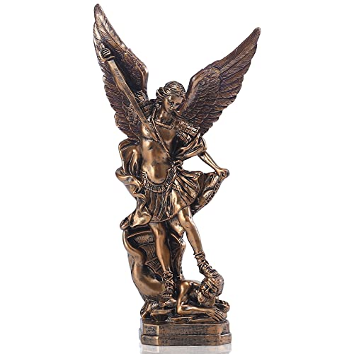 QIANLING 31,8 cm San Miguel Erzengel Statue, St. Michael Statue aus bronzeiertem Harz, St. Michael der Erzengel siegreich über der Satan-Kollektion, geeignet für Sammlung oder Dekoration von QIANLING