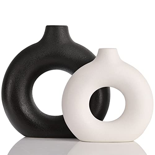 Keramikvase, 2er-Set, runde, Hohle Donut-Vase in Schwarz und Weiß, Moderne Boho-Vase aus Pampasgras, geeignet für Wohnzimmer, Küche, Kaminsims, Schlafzimmer, Esstisch, Büro, Tafelaufsätze von QIANLING