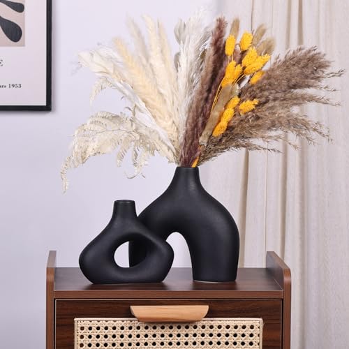 Schwarze Keramikvase 2er Set - Moderne Wohnkultur Vasen für Pampasgras und Blumen im nordischen Minimalismus Stil - Perfekt für Wohnzimmer, Hochzeit, Esstisch, Party, Büro, Schlafzimmer Dekor von QIANLING