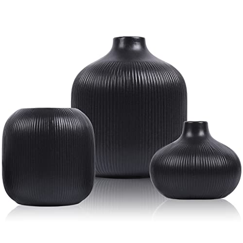Schwarze Keramikvase 3er-Set, 3 schwarze kleine gerippte Vasen-Set für rustikale Wohnkultur, Wohnzimmer, Küche, Kaminsims, Schlafzimmer, Esstisch, Bauernhaus, orangefarbene Vasen für Tafelaufsätze von QIANLING