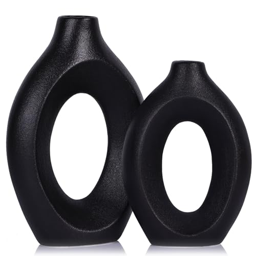 Schwarze Vase, 2er-Set, Moderne, Hohle, mattschwarze Keramikvase, dekorative Pampasgras-Blumenvase im Boho-Stil für Wohnzimmer, Hochzeit, Schlafzimmer, Küche, Esstisch und Bürodekoration von QIANLING