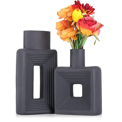 Set mit 2 schwarzen Keramikvasen – moderne minimalistische Pampas-Blumenvasen für Heimdekoration, Hochzeiten, Büros und Schlafzimmer – rustikaler Boho-Stil für Wohnzimmer, Regal und Eingangsdekoration von QIANLING
