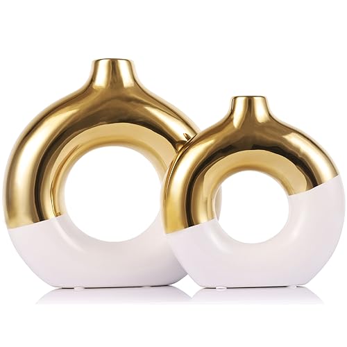 Weiße und goldene Keramikvase, 2er-Set, Blumenvase für Heimdekoration, Donut-Vase für Regal, moderne Boho-Dekovase, runde Pampasgras-Vase, perfekt für Esstisch, Kaminsims & Tafelaufsatz von QIANLING