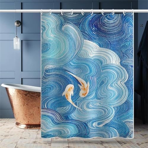 Duschvorhang 300 x 180 cm, Duschvorhang Wasserdicht mit Gewicht Badezimmer Vorhang Badewannenvorhang Polyester Textil mit Muster mit Ösen und 12 Duschvorhangringe für Badewanne, Koi Fische V-268 von QIANLUOO