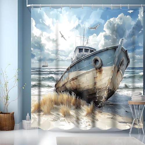 Duschvorhang 300 x 180 cm Strand Boot Beschwerter Saum Textil, Wasserabweisend, Waschbar Polyester Stoff Badevorhänge mit Ösen und 12 Duschvorhangringe für Badezimmer, Badewanne Dekoration X-371 von QIANLUOO