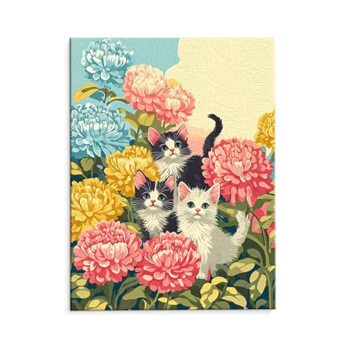 Malen Nach Zahlen Erwachsene Paint by Numbers Adults DIY Ölgemälde Leinwand Set mit 3 Pinsel und Acrylfarben für Home Weihnachten Deko Geburtstag Geschenk - 80 x 110 cm Ohne Rahmen (Katze Blumen) t621 von QIANLUOO