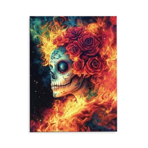 Malen Nach Zahlen Erwachsene Paint by Numbers Adults DIY Ölgemälde Leinwand Set mit 3 Pinsel und Acrylfarben für Home Weihnachten Deko Geschenk - 50 x 70 cm Ohne Rahmen (Feuerschädel Rose) t-469 von QIANLUOO