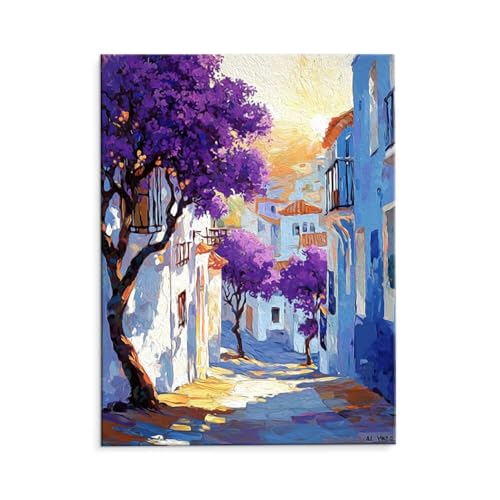 Malen Nach Zahlen Erwachsene Straßenblick Baum, Malen Nach Zahlen Kits mit Pinseln und Acrylfarben, DIY Ölgemälde Set Malen Basteln Leinwand Anfänger, für Wanddeko, 70 x 90 cm (ungerahmt) y-491 von QIANLUOO