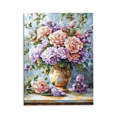 Malen Nach Zahlen Erwachsene Vase Blumen, Malen Nach Zahlen Kits mit Pinseln und Acrylfarben, DIY Ölgemälde Set Malen Basteln Leinwand Anfänger, Als Geschenk für Wanddeko, 50 x 70 cm (ungerahmt) y-435 von QIANLUOO