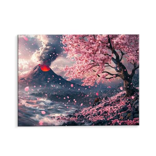 Malen Nach Zahlen Erwachsene Vulkanische Kirschblüten, Malen Nach Zahlen Kits mit Pinseln und Acrylfarben, DIY Ölgemälde Set Malen Basteln Leinwand Anfänger, für Wanddeko, 40 x 50 cm (ungerahmt) y-467 von QIANLUOO