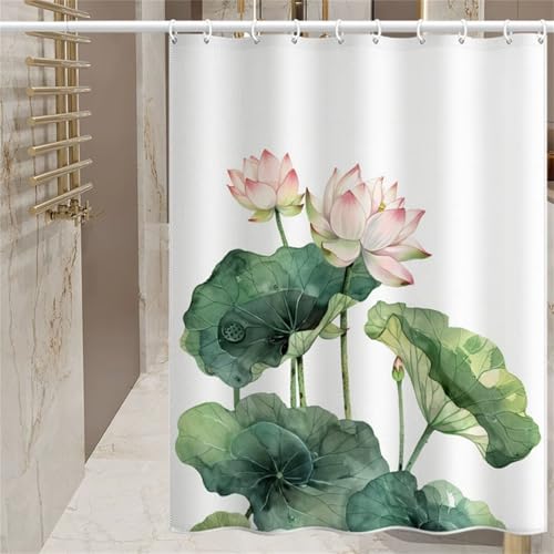 QIANLUOO Duschvorhang 180 x 180 cm, Duschvorhang Wasserdicht mit Gewicht Badezimmer Vorhang Badewannenvorhang Polyester Textil mit Muster mit Ösen und 12 Duschvorhangringe für Badewanne, Lotus V-180 von QIANLUOO