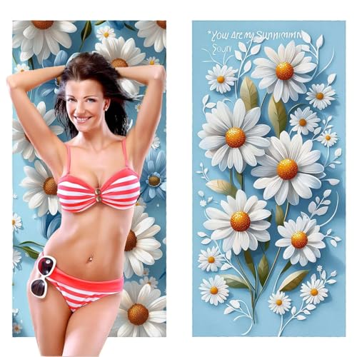 QIANLUOO Strandtuch, Groß Strandhandtuch 100 x 200 cm 2er Set Mikrofaser Handtuch - Sandfrei Badetuch, Schnelltrocknendes Handtuch/Strandtuch XXL Saunatuch Stranddecke Zubehör (Daisies Blumen) V-198 von QIANLUOO