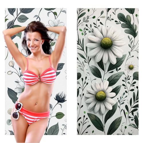 QIANLUOO Strandtuch, Groß Strandhandtuch 60 x 120 cm 2er Set Mikrofaser Handtuch - Sandfrei Badetuch, Schnelltrocknendes Handtuch/Strandtuch XXL Saunatuch Stranddecke Zubehör (Daisies Blumen) V-196 von QIANLUOO