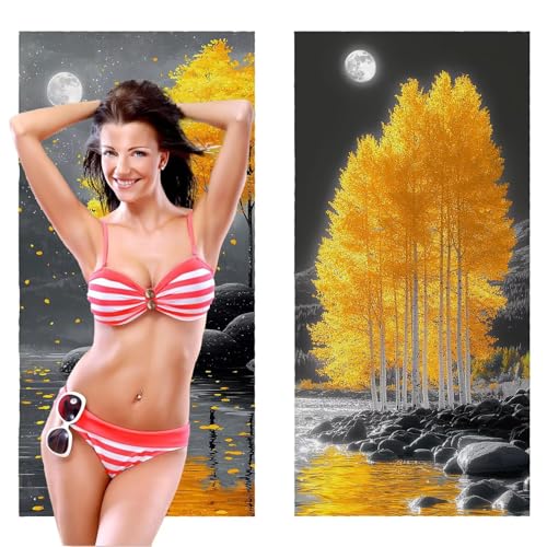 QIANLUOO Strandtuch, Groß Strandhandtuch 70 x 140 cm 2er Set Mikrofaser Handtuch - Sandfrei Badetuch, Schnelltrocknendes Handtuch/Strandtuch XXL Saunatuch Stranddecke Zubehör (Landschaft Bäume) V-291 von QIANLUOO