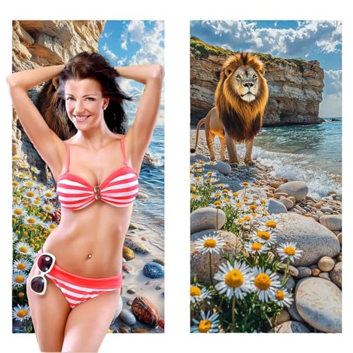 QIANLUOO Strandtuch, Groß Strandhandtuch 70 x 140 cm 2er Set Mikrofaser Handtuch - Sandfrei Badetuch, Schnelltrocknendes Handtuch/Strandtuch XXL Saunatuch Stranddecke Zubehör (Meerblick Löwen) V-333 von QIANLUOO