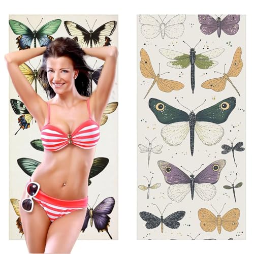 QIANLUOO Strandtuch, Groß Strandhandtuch 70 x 140 cm 2er Set Mikrofaser Handtuch - Sandfrei Badetuch, Schnelltrocknendes Handtuch/Strandtuch XXL Saunatuch Stranddecke Zubehör (Schmetterlinge) V-415 von QIANLUOO
