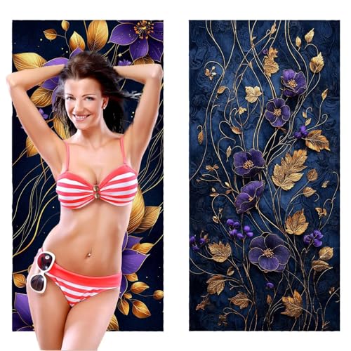 QIANLUOO Strandtuch, Groß Strandhandtuch 70 x 140 cm 2er Set Mikrofaser Handtuch - Sandfrei Badetuch, Schnelltrocknendes Handtuch/Strandtuch XXL Saunatuch Stranddecke Zubehör (Violett Blumen) V-1115 von QIANLUOO