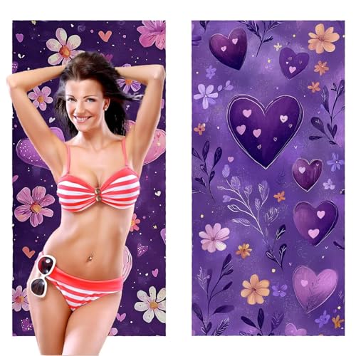 QIANLUOO Strandtuch, Groß Strandhandtuch 80 x 160 cm 2er Set Mikrofaser Handtuch - Sandfrei Badetuch, Schnelltrocknendes Handtuch/Strandtuch XXL Saunatuch Stranddecke Zubehör (Violett Liebe) V-1111 von QIANLUOO