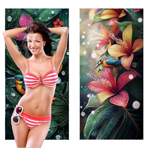 QIANLUOO Strandtuch, Groß Strandhandtuch 90 x 200 cm 2er Set Mikrofaser Handtuch - Sandfrei Badetuch, Schnelltrocknendes Handtuch/Strandtuch XXL Saunatuch Stranddecke Zubehör (Pflanzen Blumen) V-1095 von QIANLUOO