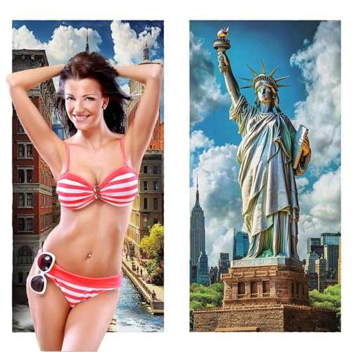 QIANLUOO Strandtuch XXL, Mikrofaser Handtuch 2er Set 80 x 160 cm Groß Badetuch, Freiheitsstatue Strandtuch Schnell Trocknendes, Sandbeständig, Summer Saunahandtuch Herren, Geschenke für Frauen C-1122 von QIANLUOO