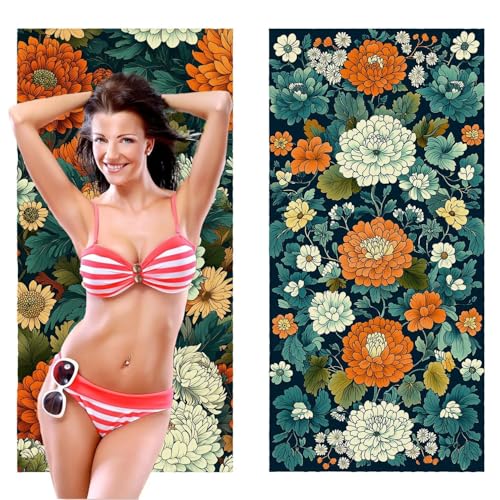 Strandtuch, Groß Strandhandtuch 100 x 200 cm 2er Set Mikrofaser Handtuch - Sandfrei Badetuch, Saugfähig und Schnelltrocknendes Handtuch/Strandtuch xxl Saunatuch Stranddecke Zubehör (Blumen Farbe) V438 von QIANLUOO