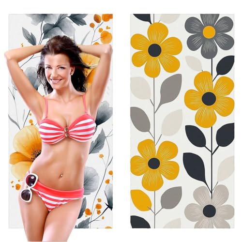 Strandtuch, Groß Strandhandtuch 100 x 200 cm 2er Set Mikrofaser Handtuch - Sandfrei Badetuch, Saugfähig und Schnelltrocknendes Handtuch/Strandtuch xxl Saunatuch Stranddecke Zubehör (Blumen Gelb) V-454 von QIANLUOO