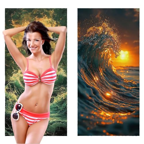Strandtuch, Groß Strandhandtuch 100 x 200 cm 2er Set Mikrofaser Handtuch - Sandfrei Badetuch, Saugfähig und Schnelltrocknendes Handtuch/Strandtuch xxl Saunatuch Stranddecke Zubehör (Wellen) V-334 von QIANLUOO