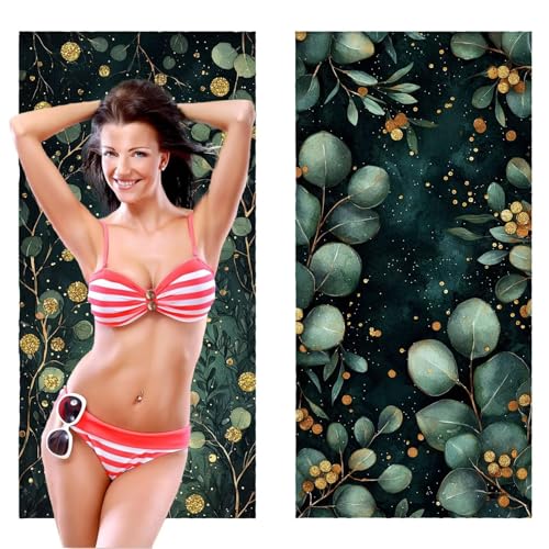 Strandtuch, Groß Strandhandtuch 100 x 200 cm 2er Set Mikrofaser Handtuch - Sandfrei Badetuch, Schnelltrocknendes Handtuch/Strandtuch Saunatuch Stranddecke Zubehör (Pflanzen Eukalyptus Blätter) V-1092 von QIANLUOO