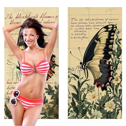 Strandtuch, Groß Strandhandtuch 100 x 200 cm 2er Set Mikrofaser Handtuch - Sandfrei Badetuch, Schnelltrocknendes Handtuch/Strandtuch xxl Saunatuch Stranddecke Zubehör (Vintage Schmetterlinge) V-298 von QIANLUOO