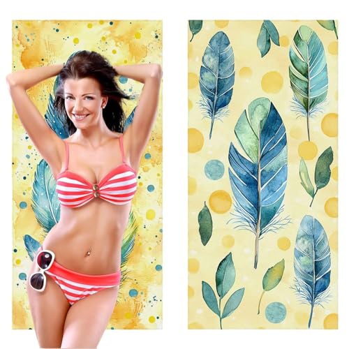 Strandtuch, Groß Strandhandtuch 60 x 120 cm 2er Set Mikrofaser Handtuch - Sandfrei Badetuch, Saugfähig und Schnelltrocknendes Handtuch/Strandtuch xxl Saunatuch Stranddecke Zubehör (Federn) V-1056 von QIANLUOO