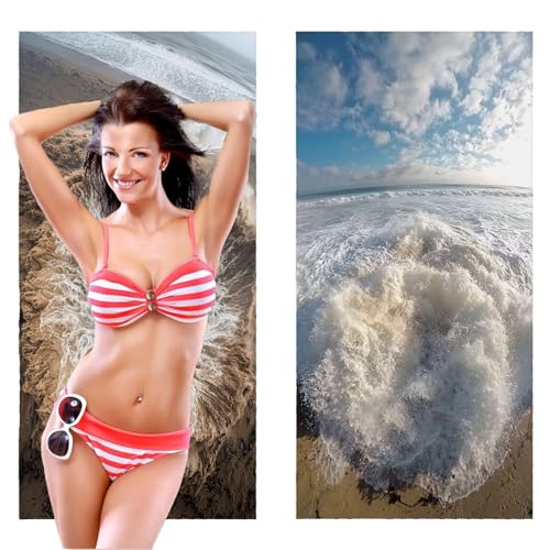 Strandtuch, Groß Strandhandtuch 60 x 120 cm 2er Set Mikrofaser Handtuch - Sandfrei Badetuch, Saugfähig und Schnelltrocknendes Handtuch/Strandtuch xxl Saunatuch Stranddecke Zubehör (Wellen) V-336 von QIANLUOO