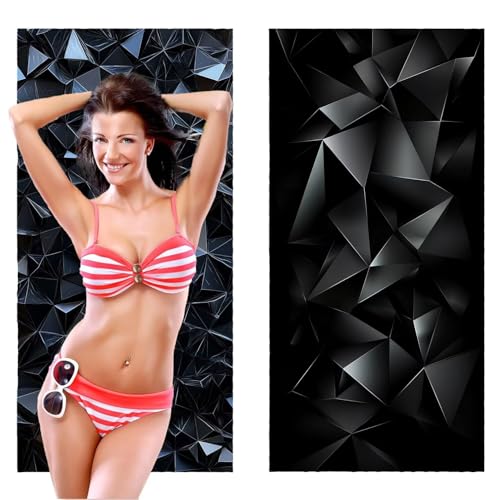 Strandtuch, Groß Strandhandtuch 60 x 120 cm 2er Set Mikrofaser Handtuch - Sandfrei Badetuch, Schnelltrocknendes Handtuch/Strandtuch xxl Saunatuch Stranddecke Zubehör (Schwarz Geometrie) V-394 von QIANLUOO