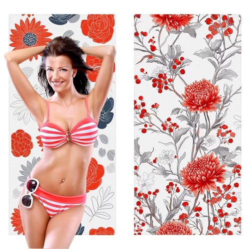 Strandtuch, Groß Strandhandtuch 70 x 140 cm 2er Set Mikrofaser Handtuch - Sandfrei Badetuch, Saugfähig und Schnelltrocknendes Handtuch/Strandtuch xxl Saunatuch Stranddecke Zubehör (Blumen Rot) V-447 von QIANLUOO