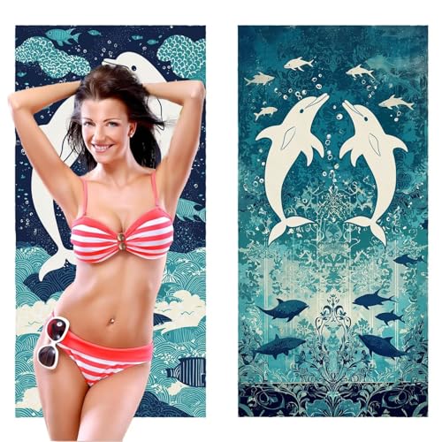 Strandtuch, Groß Strandhandtuch 70 x 140 cm 2er Set Mikrofaser Handtuch - Sandfrei Badetuch, Saugfähig und Schnelltrocknendes Handtuch/Strandtuch xxl Saunatuch Stranddecke Zubehör (Meer Delfine) V-361 von QIANLUOO